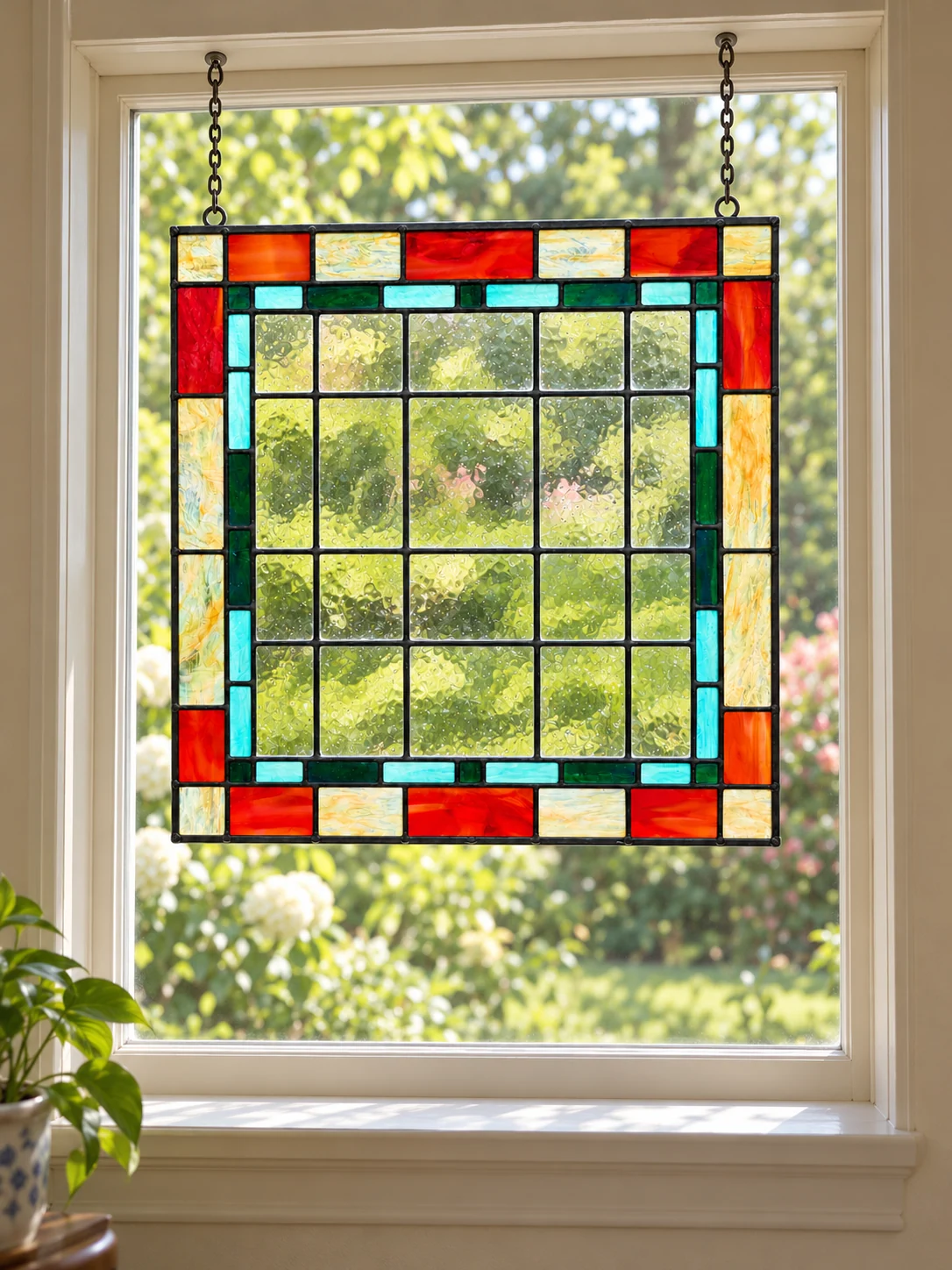 Jewel border window panel hanging from visible hooks and chains in a window — digitally generated setting