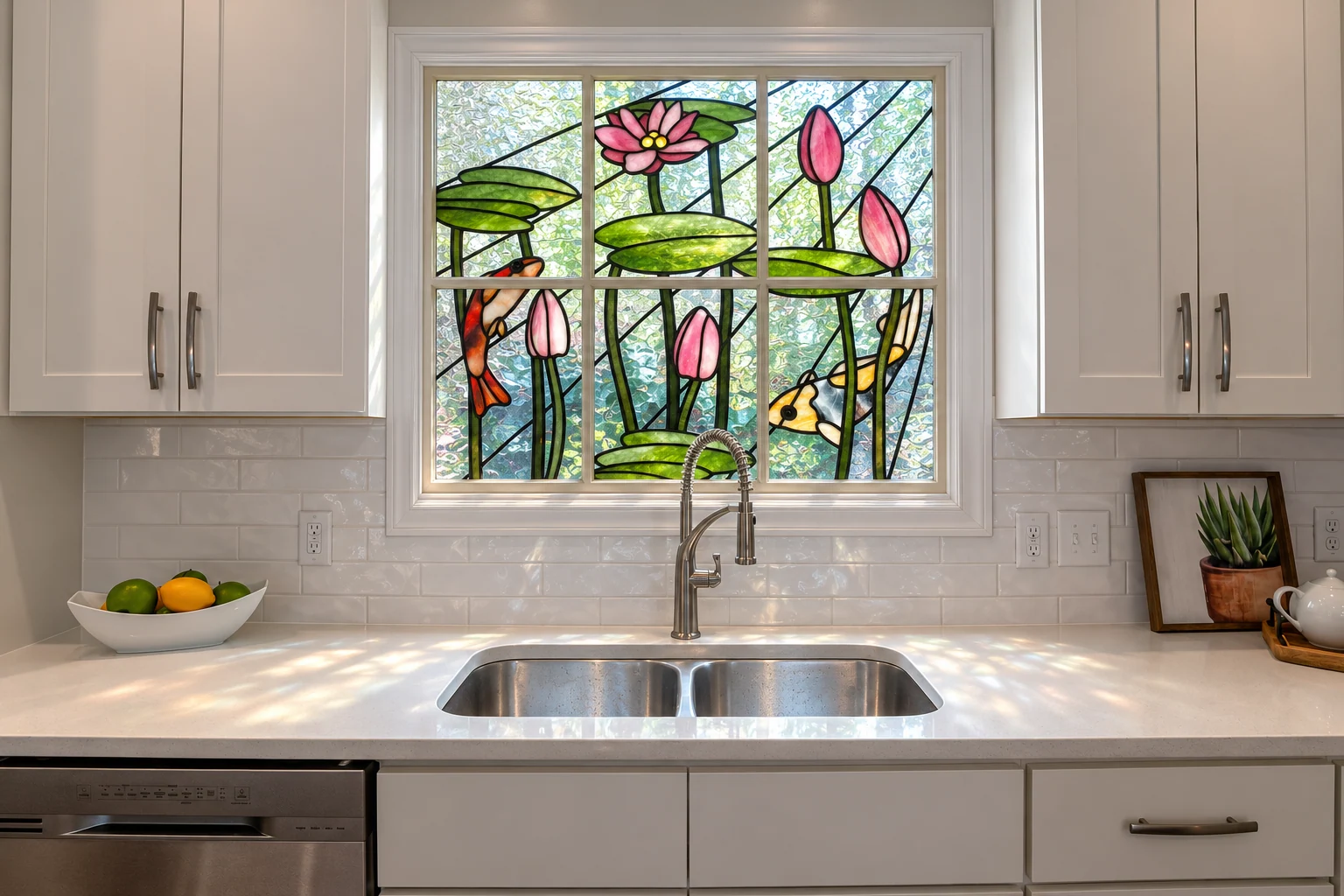 Concept showing Trish’s water lilies and koi stained-glass design in a kitchen window above the sink