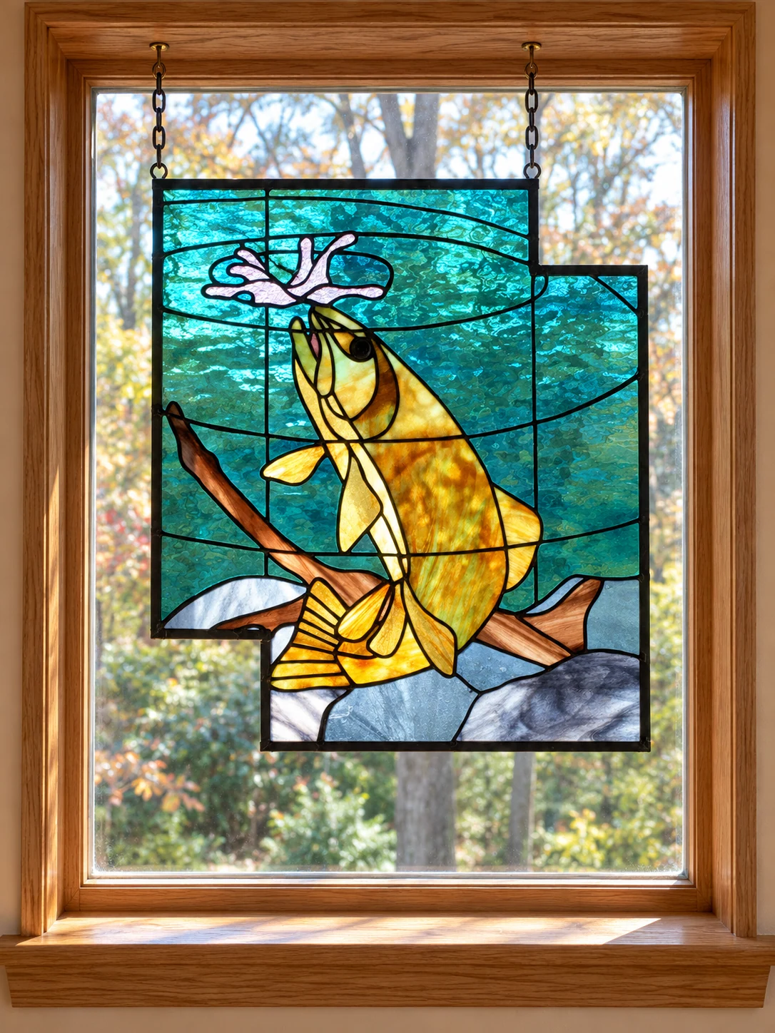 Leaping fish panel hanging from visible hooks and chains in a window — digitally generated setting