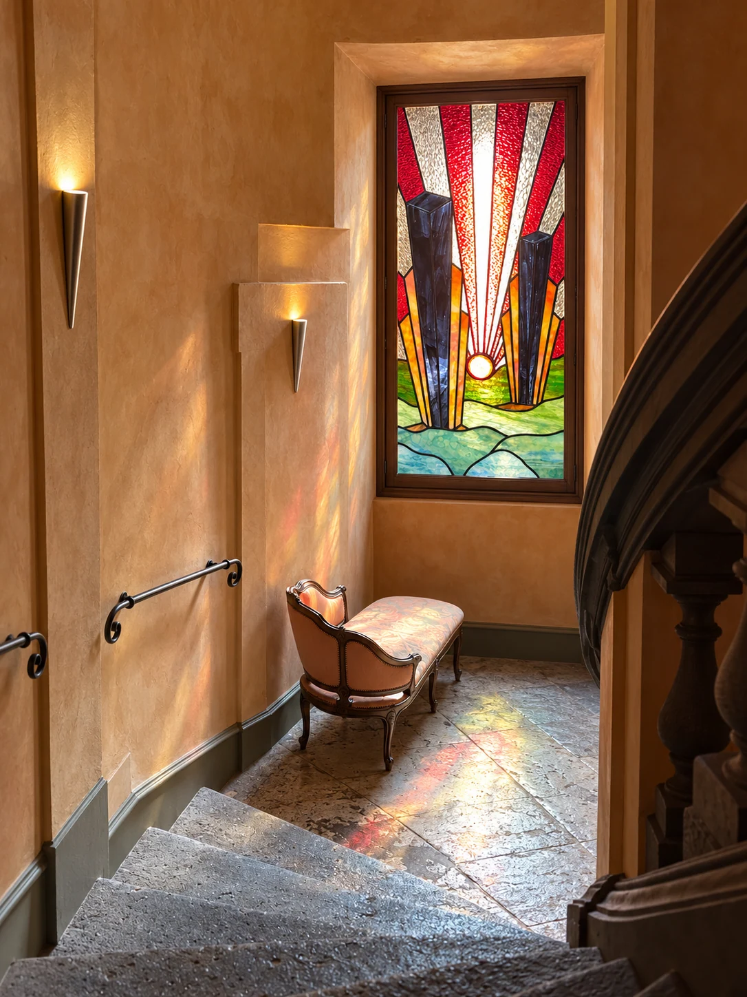 Concept showing Trish’s sunrise landscape stained-glass panel in a stair landing window