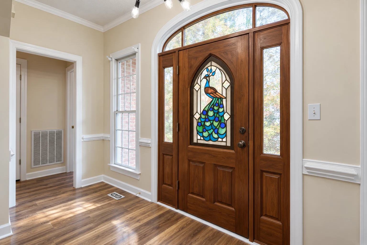 Installation concept showing Trish’s peacock stained-glass panel in the pointed opening of a wooden front door