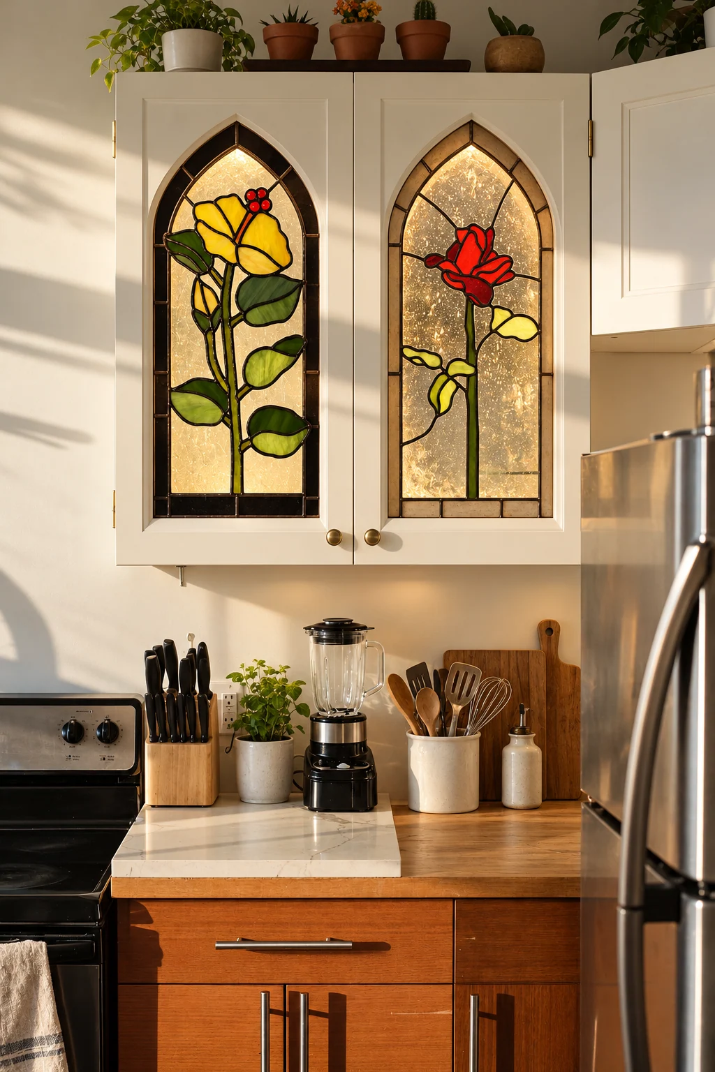 Concept showing Trish’s yellow flower and red rose stained-glass panels in two upper kitchen cabinet doors