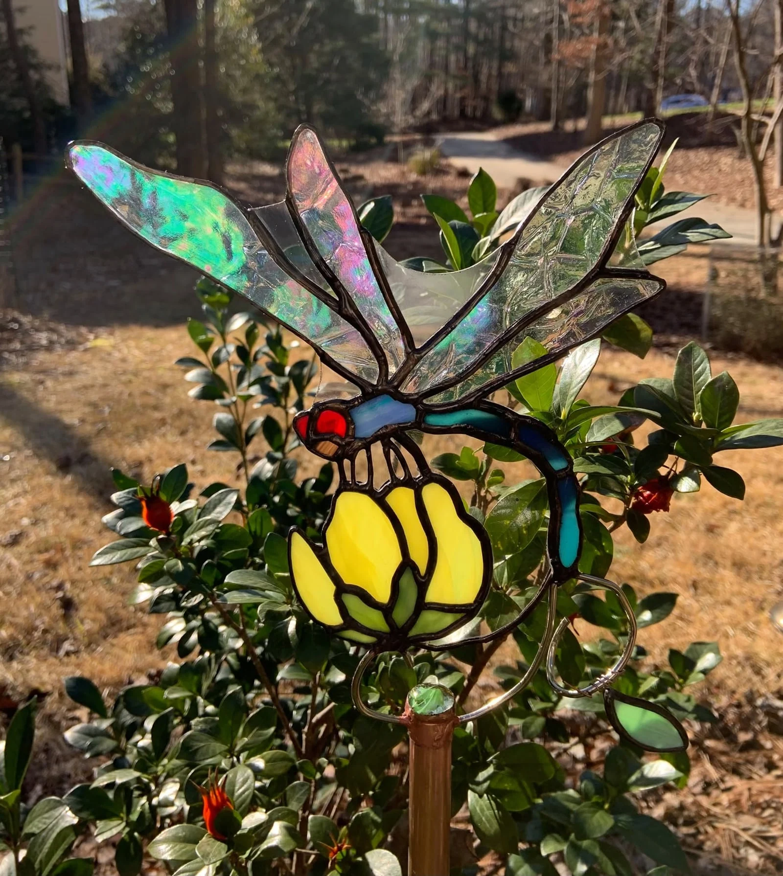 Dragonfly & flower garden stake — original photograph